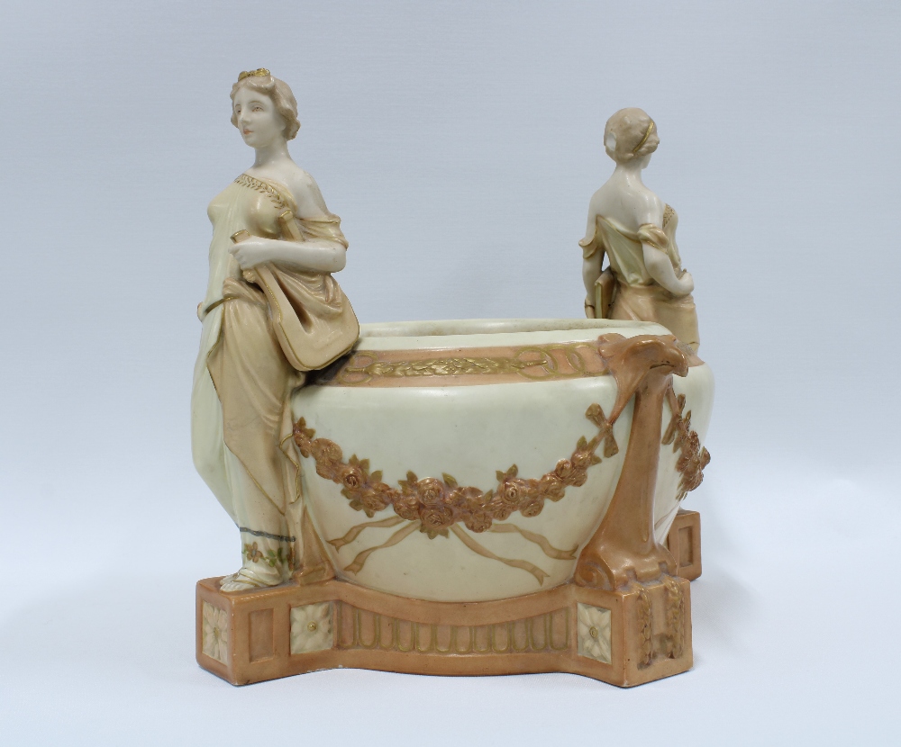 Austrian blush ivory planter with figures (a/f) 25 x 28cm.