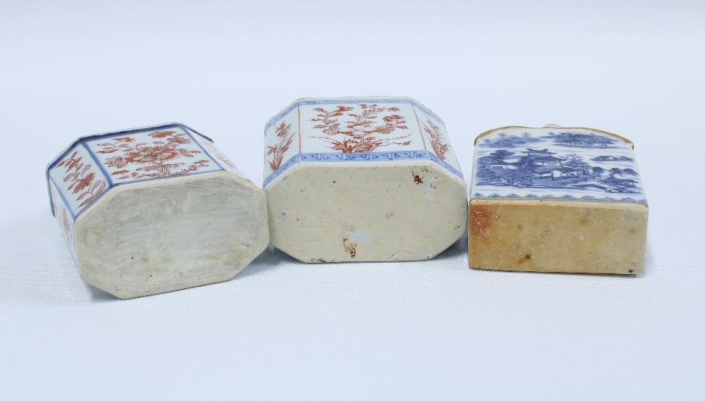 Three various Chinese tea caddies, to include an 18th century blue and white caddy with a chip to - Image 2 of 2