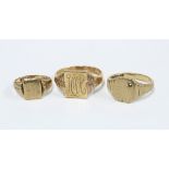 Two Gents 9ct gold signet rings and a 9ct gold pinky ring (3)