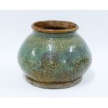 Provincial Chinese stoneware pot, green glazed with floral pattern in relief, 13 x 18cm.