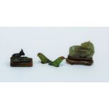 Small Chinese carved jade horse, length 4cm together with a bronzed metal animal and two cold