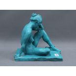 Joyce Campbell (Scottish) female nude sculpture in turquoise, on a rectangular plinth, 27 x 26cm