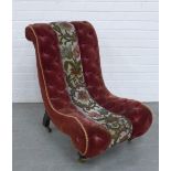 Victorian slipper chair, in buttoned red velvet and beaded fabric, ebonised legs with brass caps and