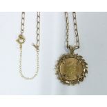 QEII gold half sovereign, 1982, in a 9ct gold mount with 9ct gold chain necklace