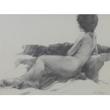 Ken Hunter, female nude pencil drawing, signed and framed under glass, 46 x 33cm
