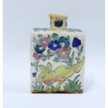 Qajar flask painted in coloured enamels with hare and flowers pattern, 16 x 11cm.