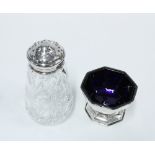 George V silver salt of octagonal form with original blue glass liner, Goldsmiths and Silversmiths