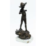 Bronze figure of a boy with a fish, on a naturalistic mound and octagonal hardstone base, 42cm