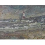 20th century school, oil on board of a lighthouse and shore line, apparently unsigned, framed, 60