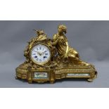 French mantle clock the ormolu case with classical female figure and birds, enamel dial with roman