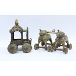 Indian bronze Temple toy elephants and carriage, (2) 23cm high