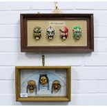 Korean Traditional Masks in a small showcase, 29 x 19cm, frame and another with four painted face