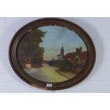 H Burton, village scene, oil on board, signed and dated 1931, in an oval frame, 50 x 40cm