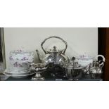 19th century English porcelain part teaset, epns kettle and cream jug, etc (a lot)