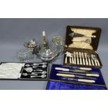 Carton containing miscellaneous Epns flatware, teaset, brass candlestick, glass jelly mould and a