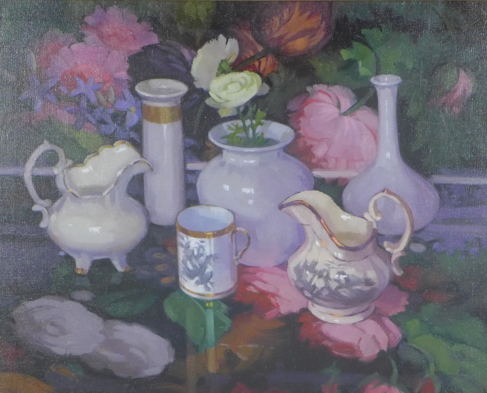 Anne Donald, (Scottish b.1943) Still life with white pot, oil on canvas, signed and framed under