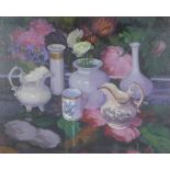 Anne Donald, (Scottish b.1943) Still life with white pot, oil on canvas, signed and framed under