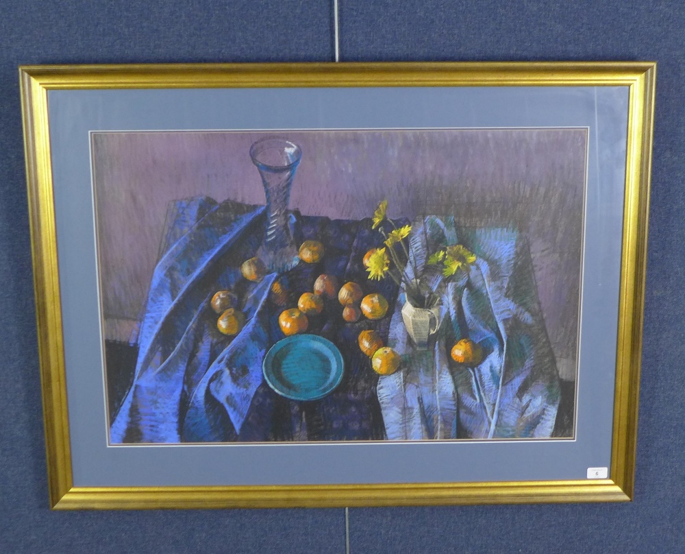 Stephen Ward, Blue & Yellow still life, pastel on paper, under glass within a gilt frame, label - Image 3 of 3