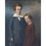 English School oil on board of two children, probably brother and sister, oil on board, apparently