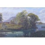 RE Richardson, Rural landscape with lake, gouache, signed and dated 1900, under glass within an