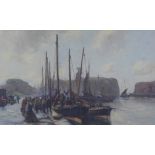 R.D Young, 'Dunbar Harbour', oil on board, signed and framed under glass within an ornate frame,