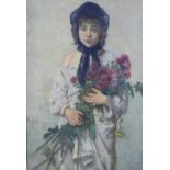 European School, portrait of a young girl holding flowers, oil on canvas, monogrammed ARV bottom