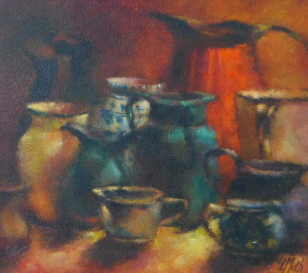 Contemporary School still life oil on canvas, signed indistinctly, framed 35 x 39cm