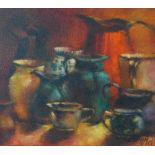 Contemporary School still life oil on canvas, signed indistinctly, framed 35 x 39cm