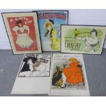 Set of reproduction-coloured French prints, three framed, two laid down on card but unframed, 51 x