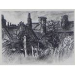 Barry Woodward, 'Border Roofs', charcoal & ink on paper, signed and framed under glass with label