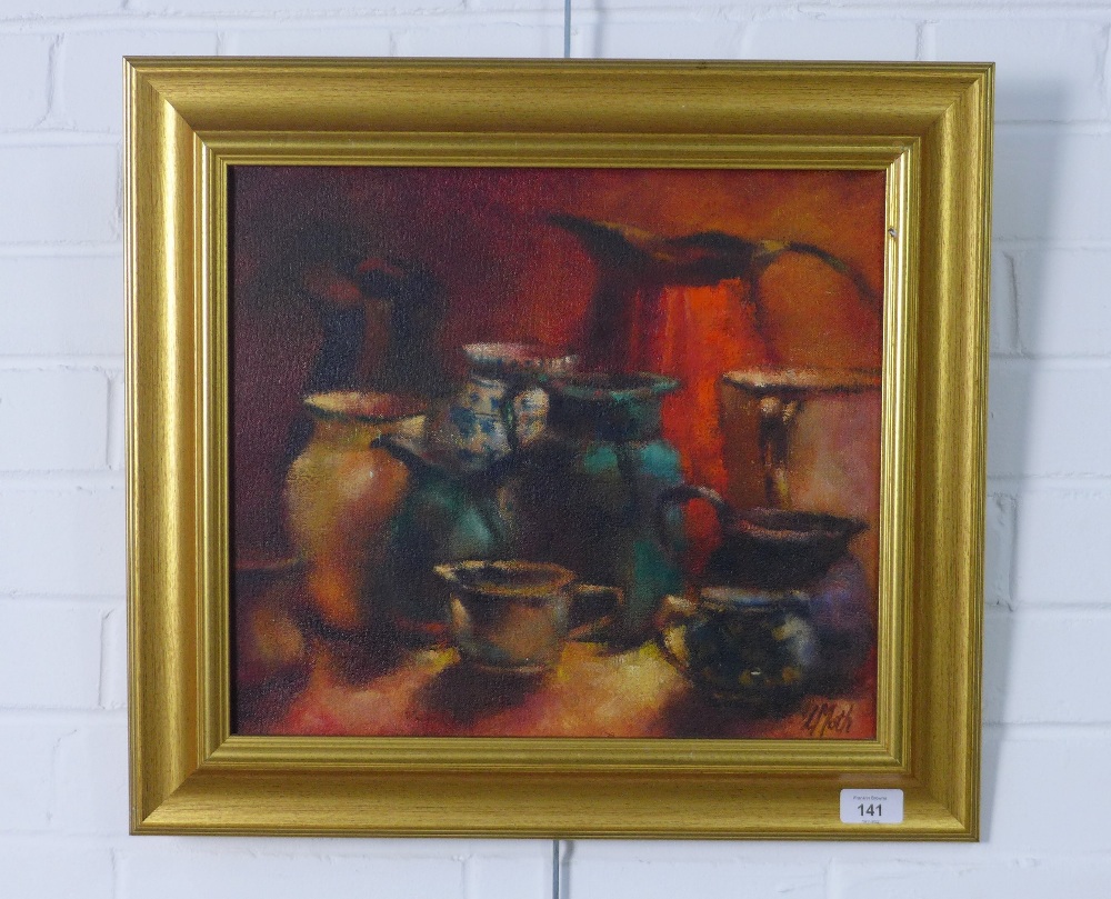 Contemporary School still life oil on canvas, signed indistinctly, framed 35 x 39cm - Image 2 of 3