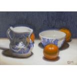 Gary Morrow (Scottish b.1974) Willow Pattern china and clementines, oil on canvas board, signed with