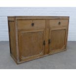 Pine cabinet, rectangular top over two frieze drawers above a pair of cupboard doors. 79 x 123 x