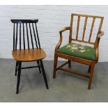 19th century walnut open armchair together with a vintage Ercol style chair. 89 x 57 x 40cm. (2)