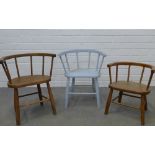 Three child's spindle back chairs, one painted pale blue. 51 x 41 x 25cm. (3)