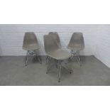 Set of four contemporary chairs with grey plastic seats on chromed metal hairpin legs, 80 x 46 x