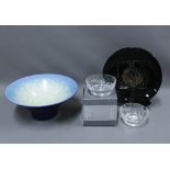 Dartington glass bowls, boxed, an art pottery bowl and a Rennie Mackintosh pattern plate with