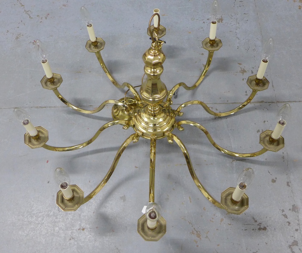 Large & heavy Dutch style brass chandelier, ten scrolling arms with octagonal scones and - Image 3 of 4