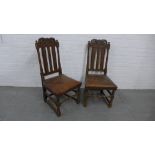 Pair of oak side chairs with coronet carved toprails and upholstered stuffover seats (2) 104 x 48