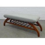 Window seat / stool with blue upholstered top on a teak base with slatted undertier, 38 x 108 x