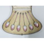 Set of six silver gilt and guilloche enamel coffee spoons, Import marks for London 1928, makers mark