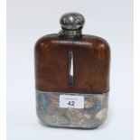 Late 19th / early 20th century Epns and leather mounted glass hip flask with a hinged lid and