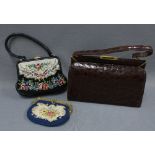 Vintge brown leather handbag and two tapestry handbags, (3)