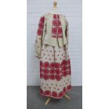 Vintage Eastern European costume, embroidered in red and blue, comprising skirt, blouse and apron (
