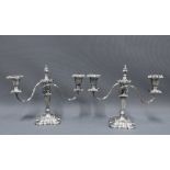 Pair of Barker Ellis silver plate candelabra with detachable scones and central flame finial, 25cm