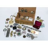 Wooden box collection a selection of vintage and later costume jewellery together with a silver