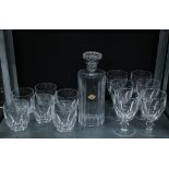 A Josephinen Hutte clear glass decanter and stopper of cylindrical form together with a set of six