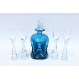 Bent Severin for Holmegaard, set of four Princess glasses together with a blue glass decanter with