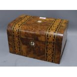 19th century burr walnut and marquetry inlaid workbox, with interior mirror and compartments,