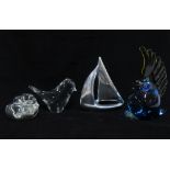 Three art glass birds and a polished steel sailing boat, (4) 16cm.